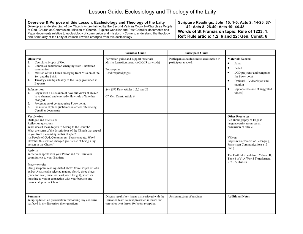 Lesson Guide: Ecclesiology and Theology of the Laity