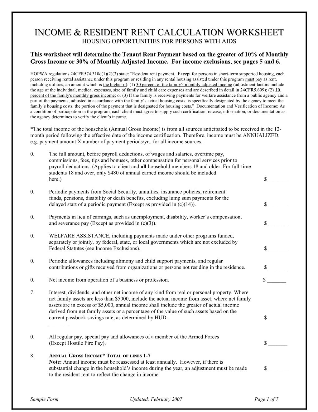 Hopwa Income Rent Calculation Worksheet