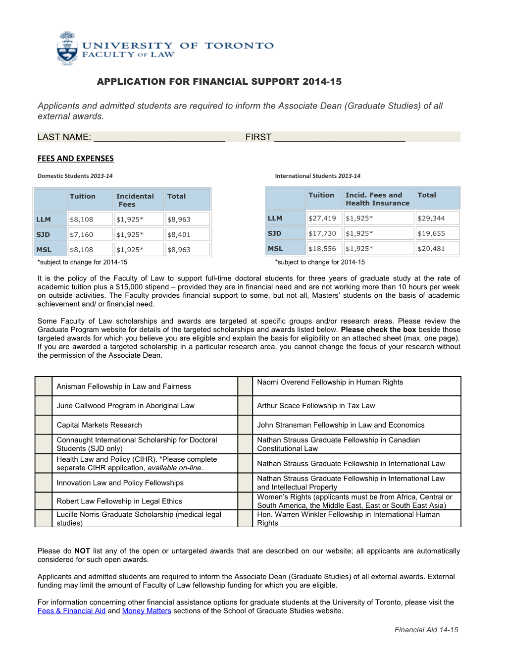 Application for Financial Support 2014-15