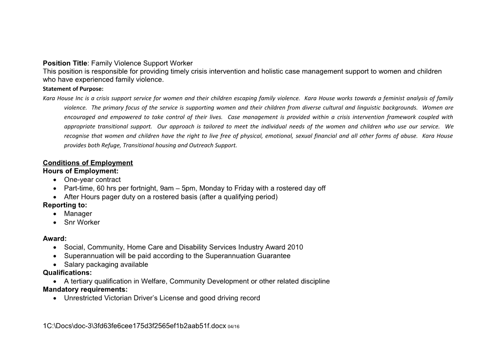 Position Title: Family Violence Support Worker