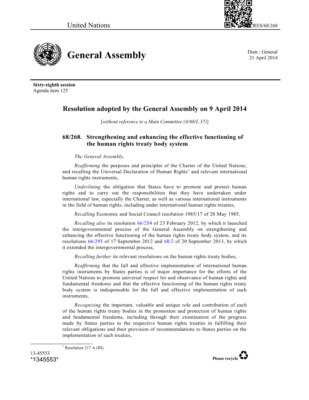 Resolution Adopted by the General Assembly on 9April 2014