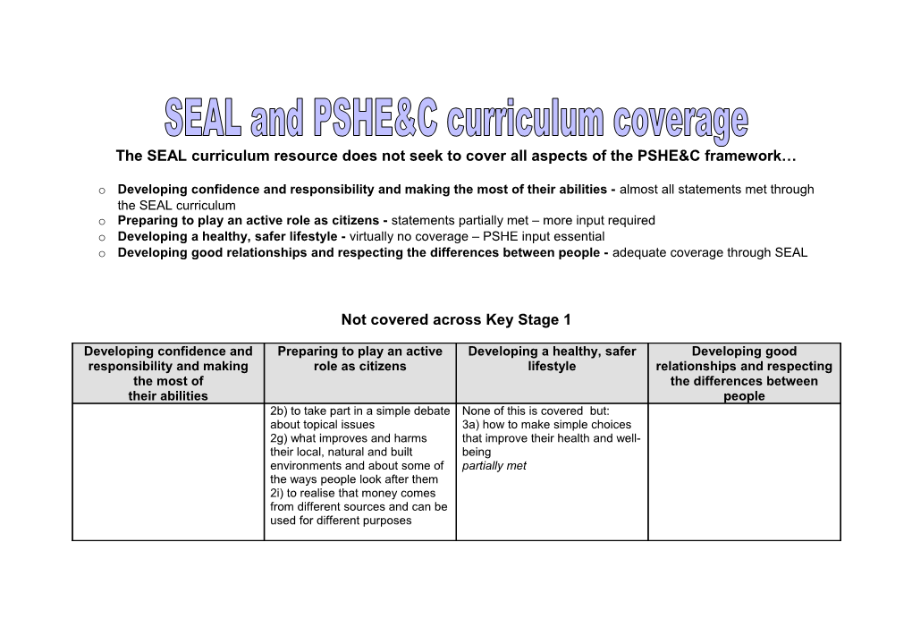 SEAL and PSHE & Citizenship Curriculum Coverage