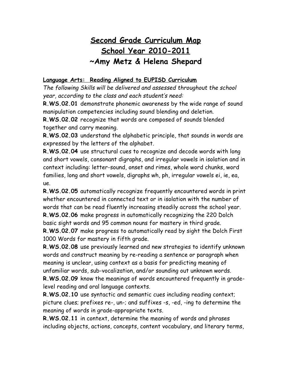 Second Grade Curriculum Map