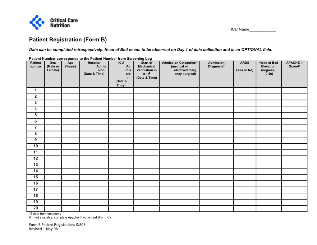 FORM A: Patient Registration Hospital ______