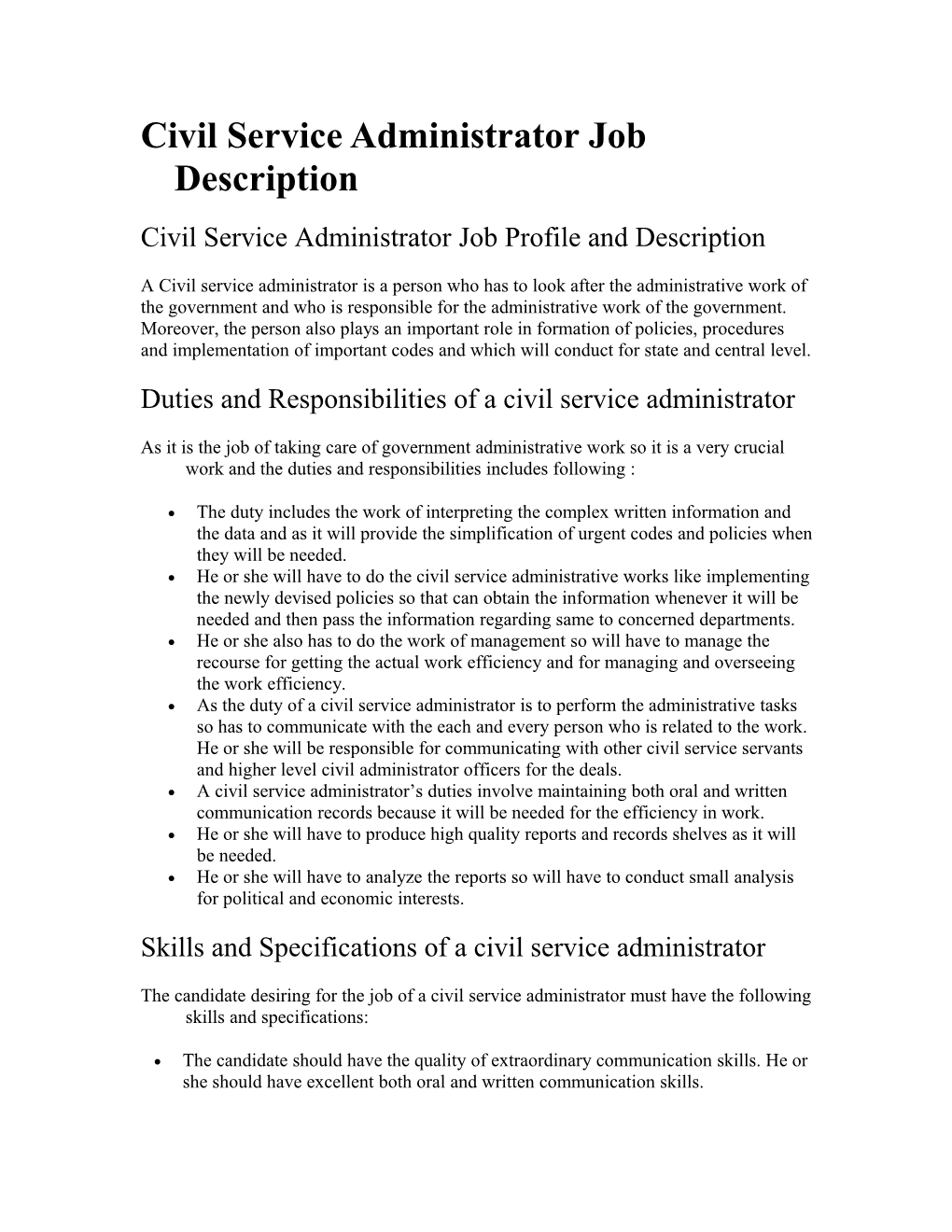 Civil Service Administrator Job Description