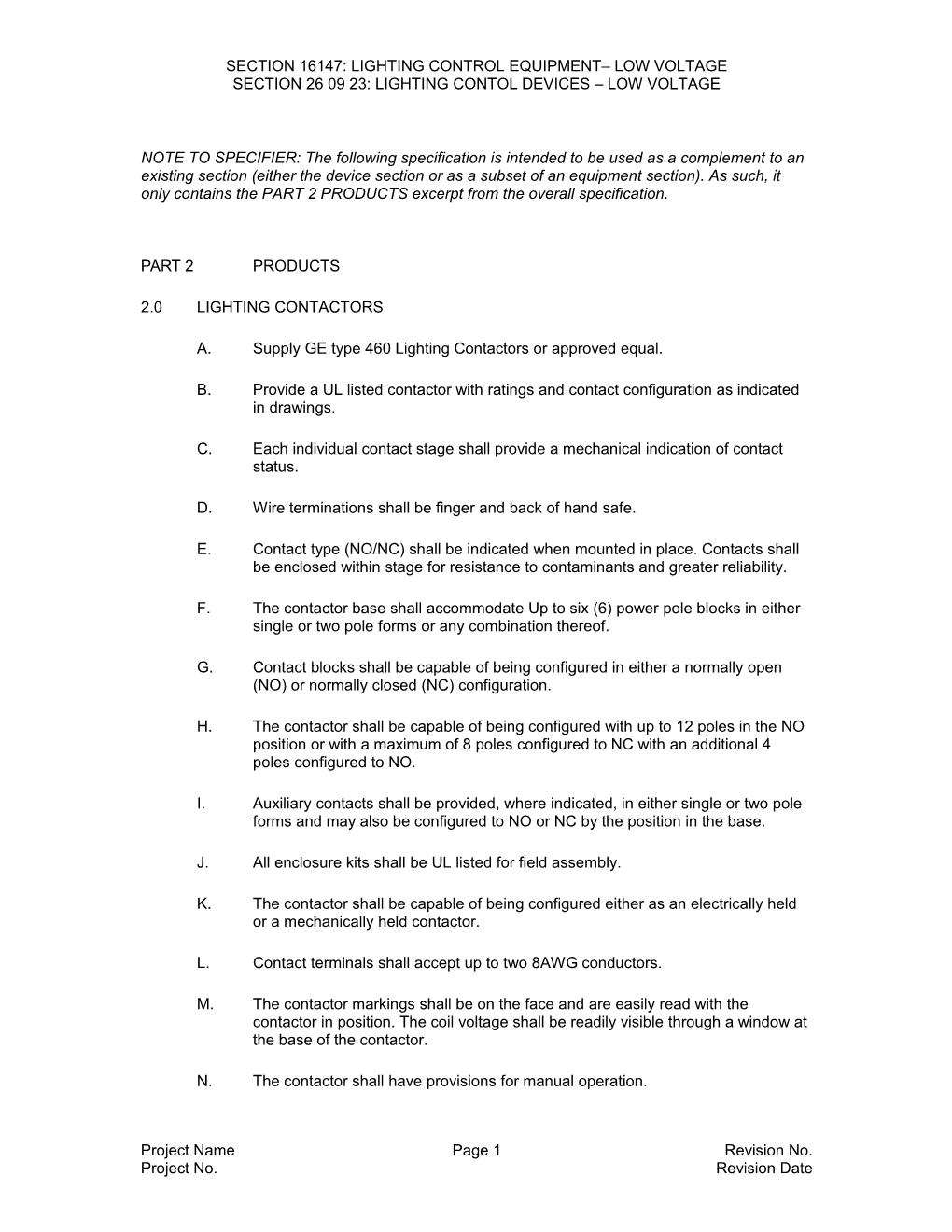 Section 16147: Lighting Control Equipment Low Voltage