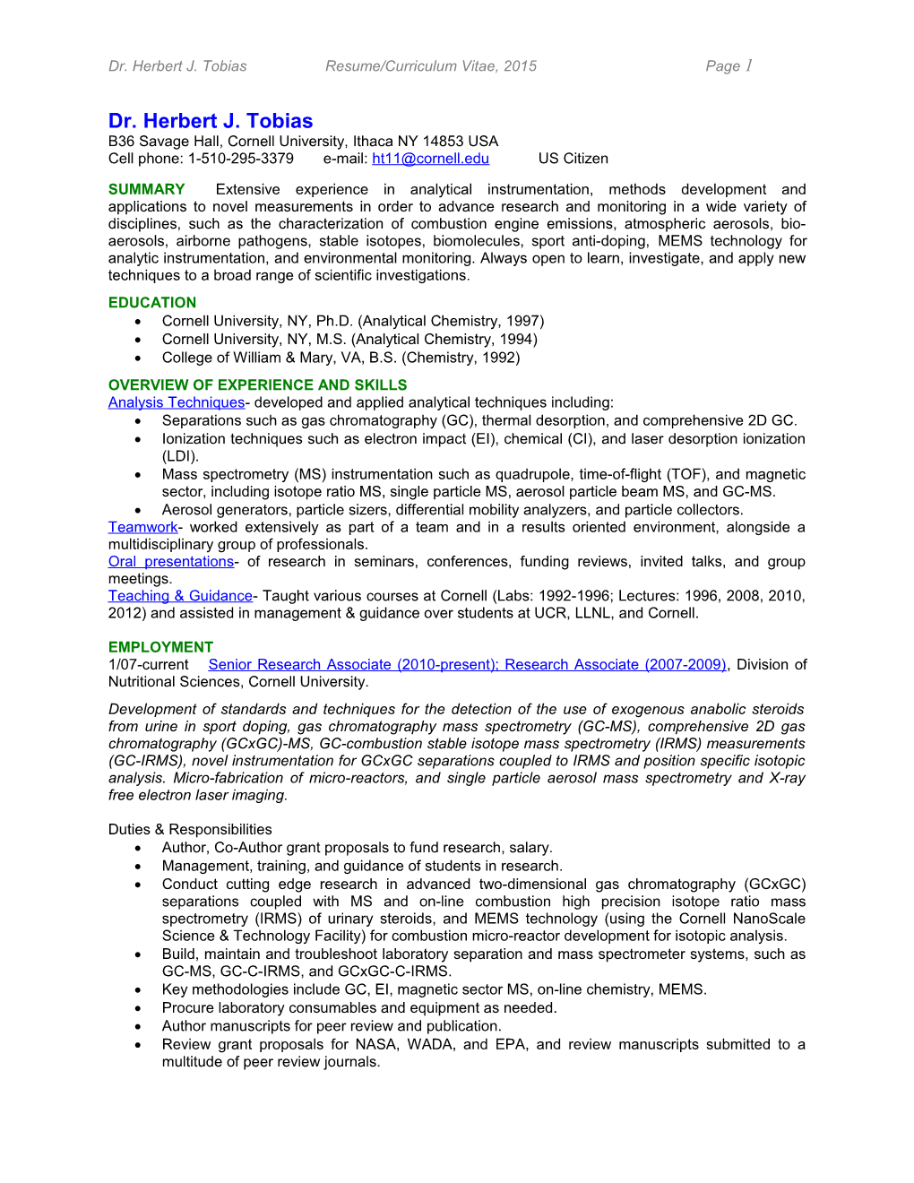 Dr. Herbert J. Tobiasresume/Curriculum Vitae, 2015Page 1