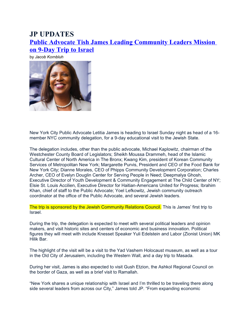 JP UPDATES Public Advocate Tish James Leading Community Leaders Mission on 9-Day Trip to Israel