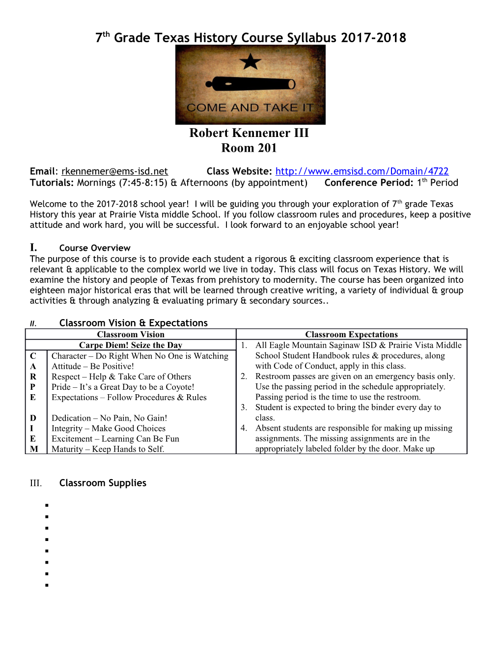 7Th Grade Texas History Course Syllabus 2011-2012