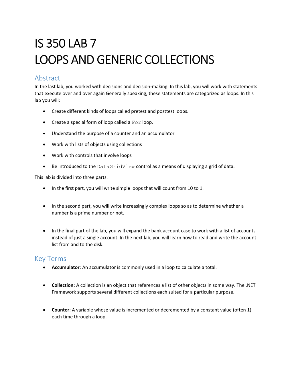 Is 350 Lab 7 Loops and Generic Collections