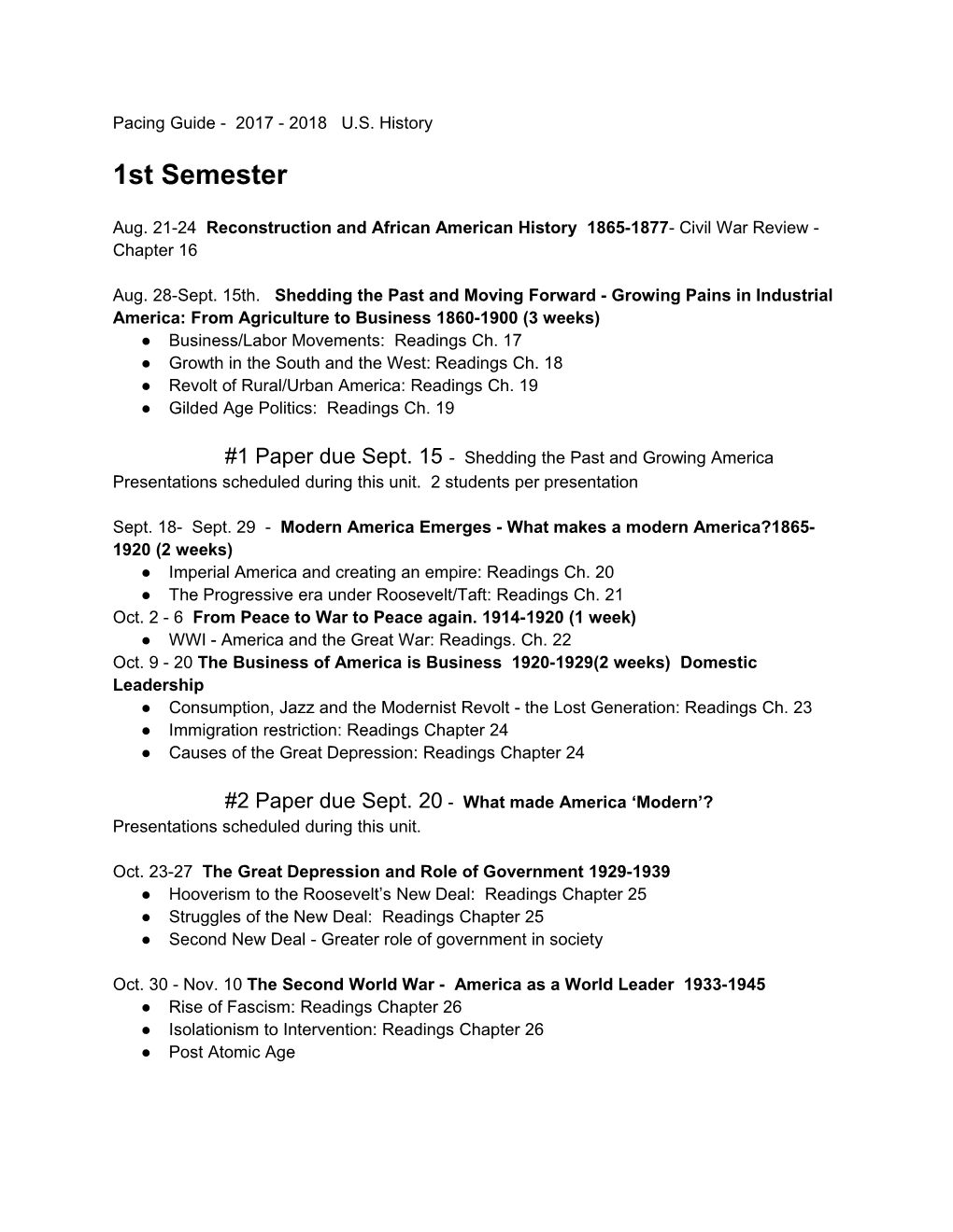 Pacing Guide - 2017 - 2018 U.S. History