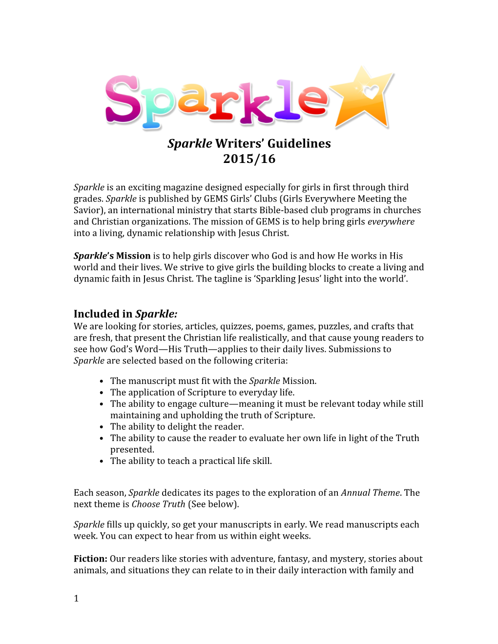 Sparkle Writers Guidelines