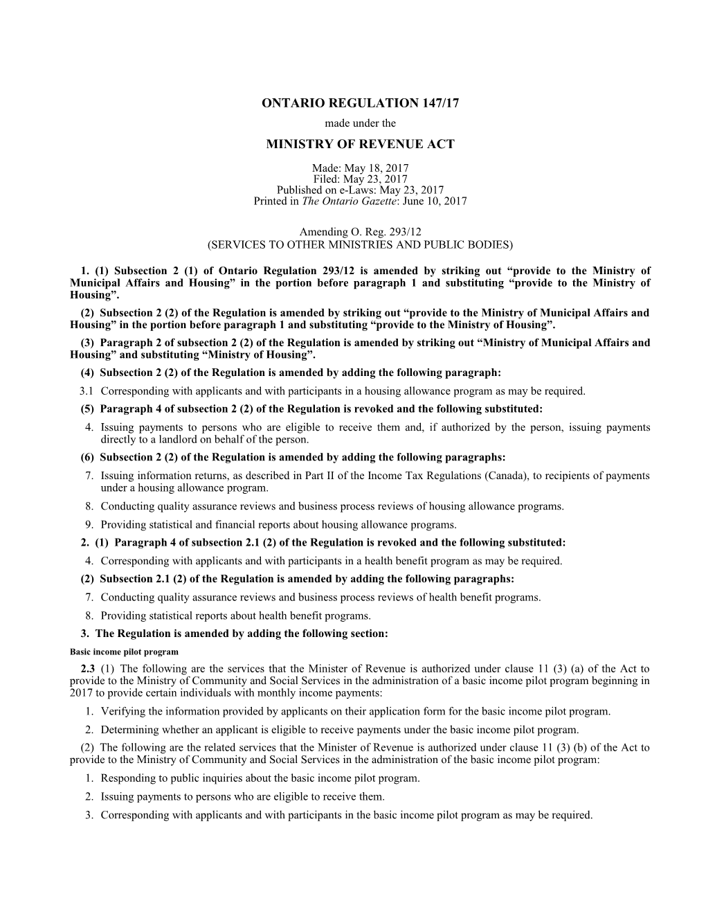 MINISTRY of REVENUE ACT - O. Reg. 147/17