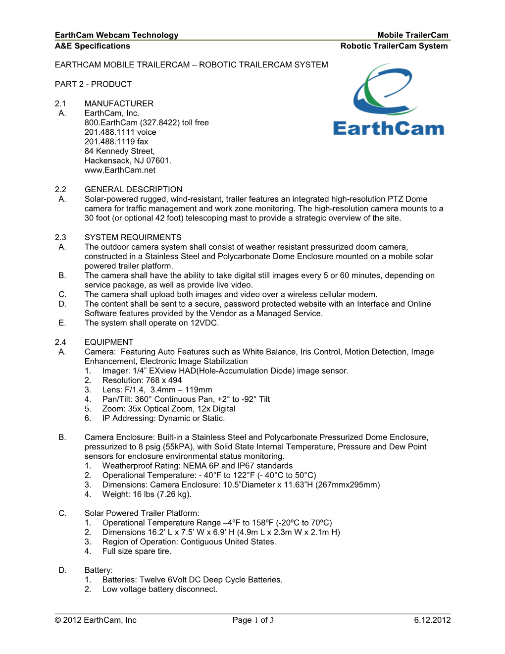 Earthcam Webcam Technology Mobile Trailercam A&E Specifications Robotic Trailercam System