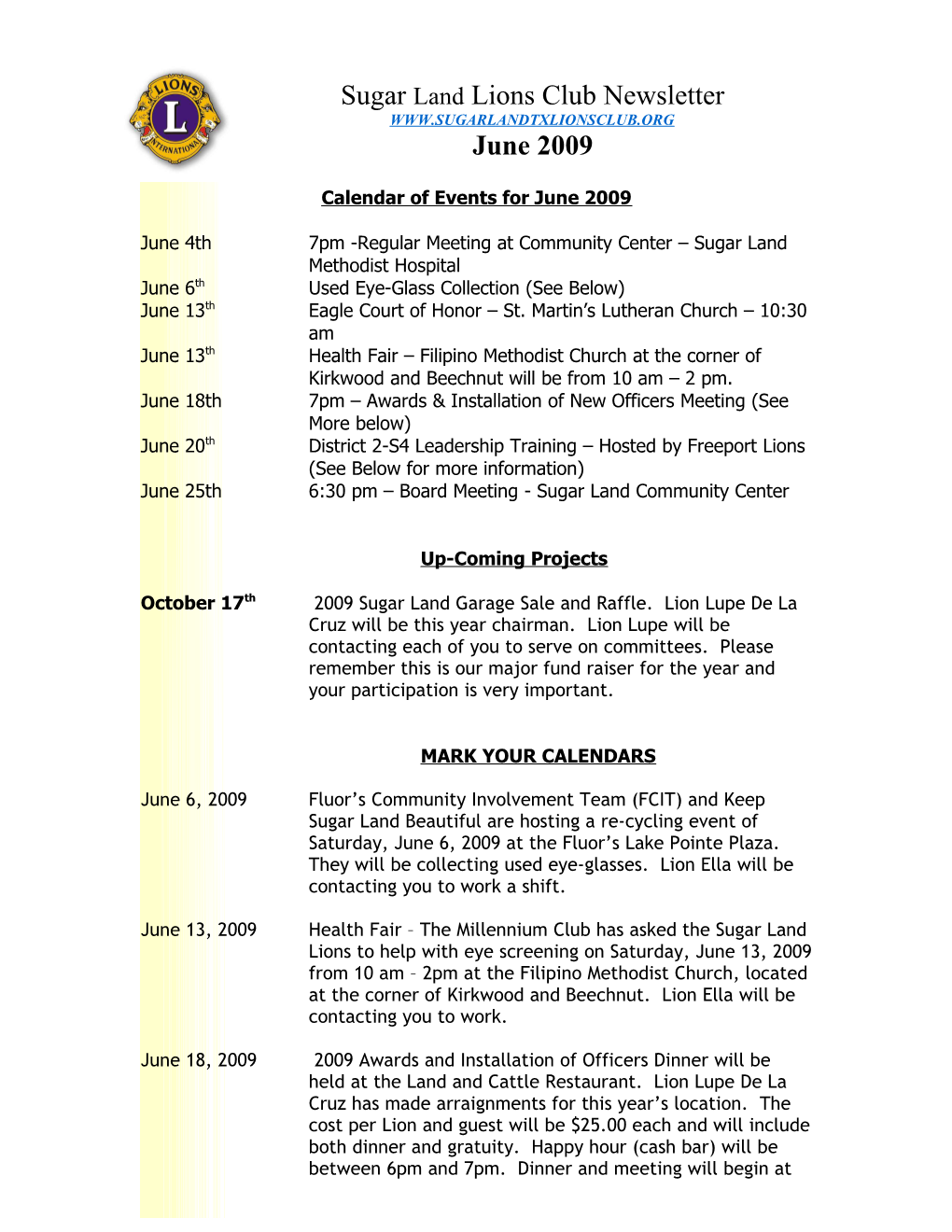 Sugar Land Lions Club Newsletter