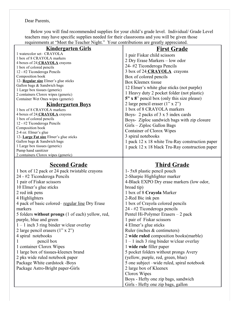 Below You Will Find Recommended Supplies for Your Child S Grade Level. Individual/ Grade