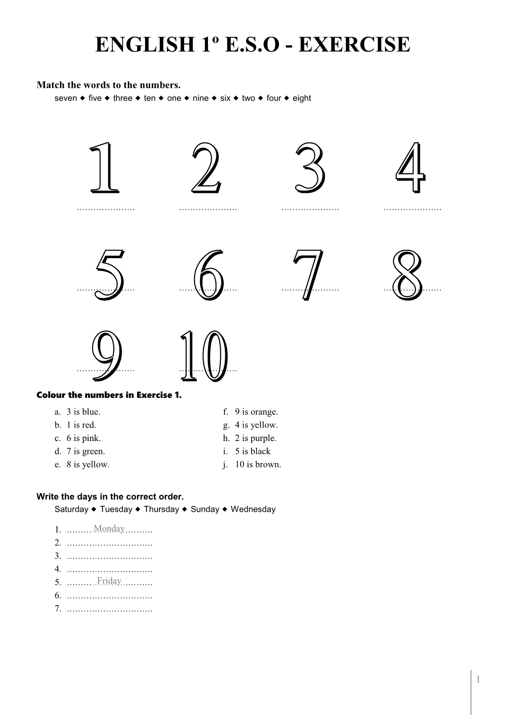 Match the Words to the Numbers