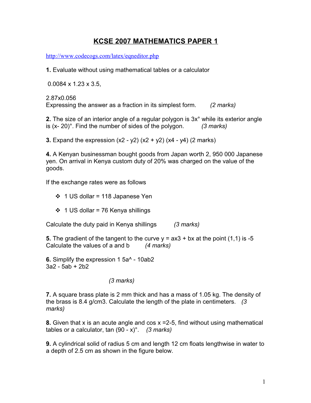 Kcse 2010 Mathematics Paper 1