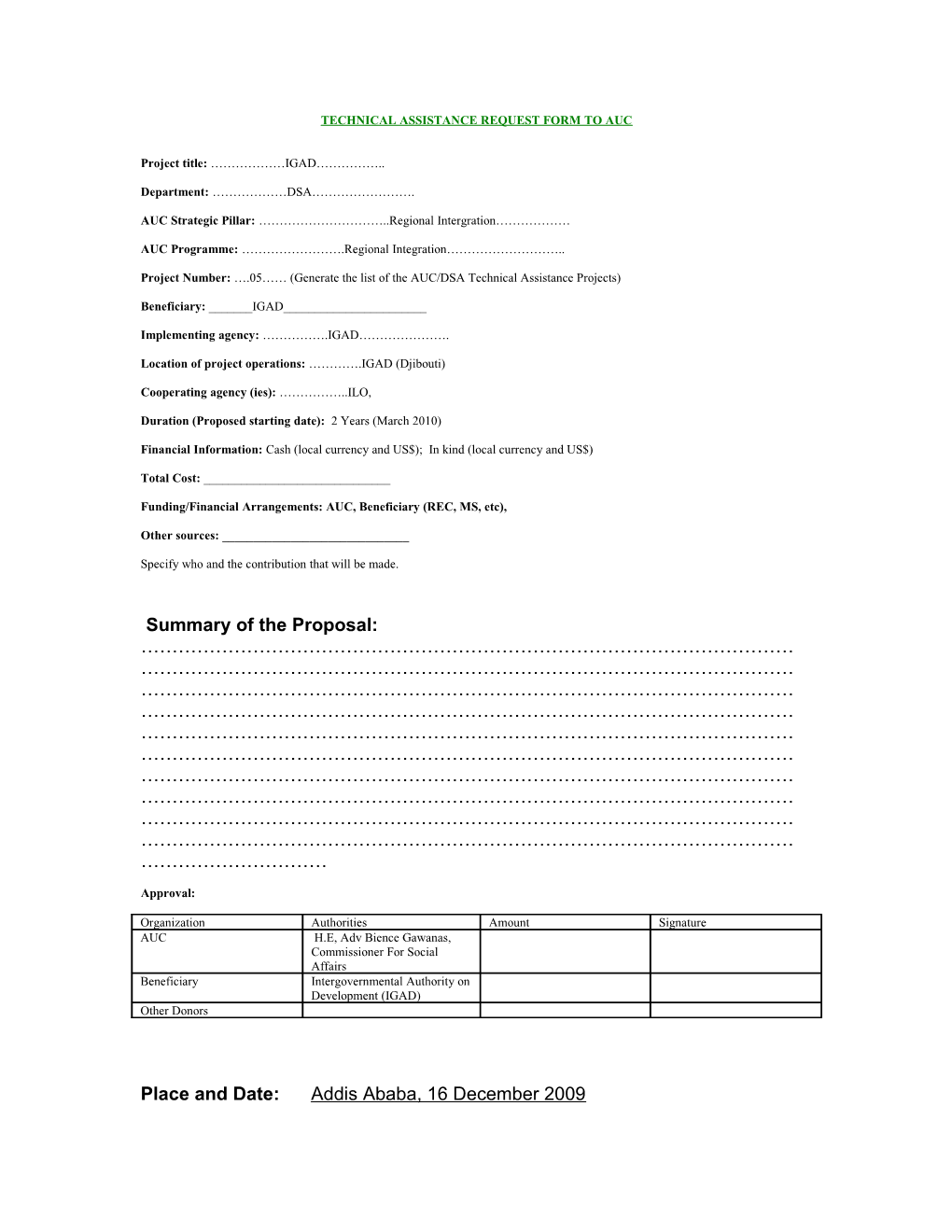 Technical Assistance Request Form to Auc