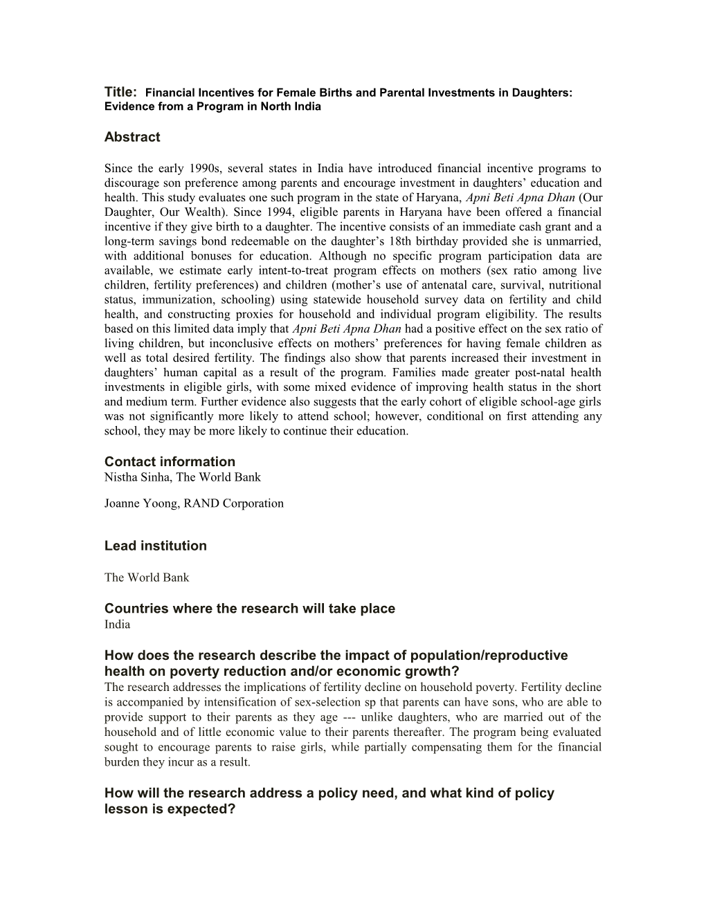 Title: Financial Incentives for Female Births and Parental Investments in Daughters: Evidence