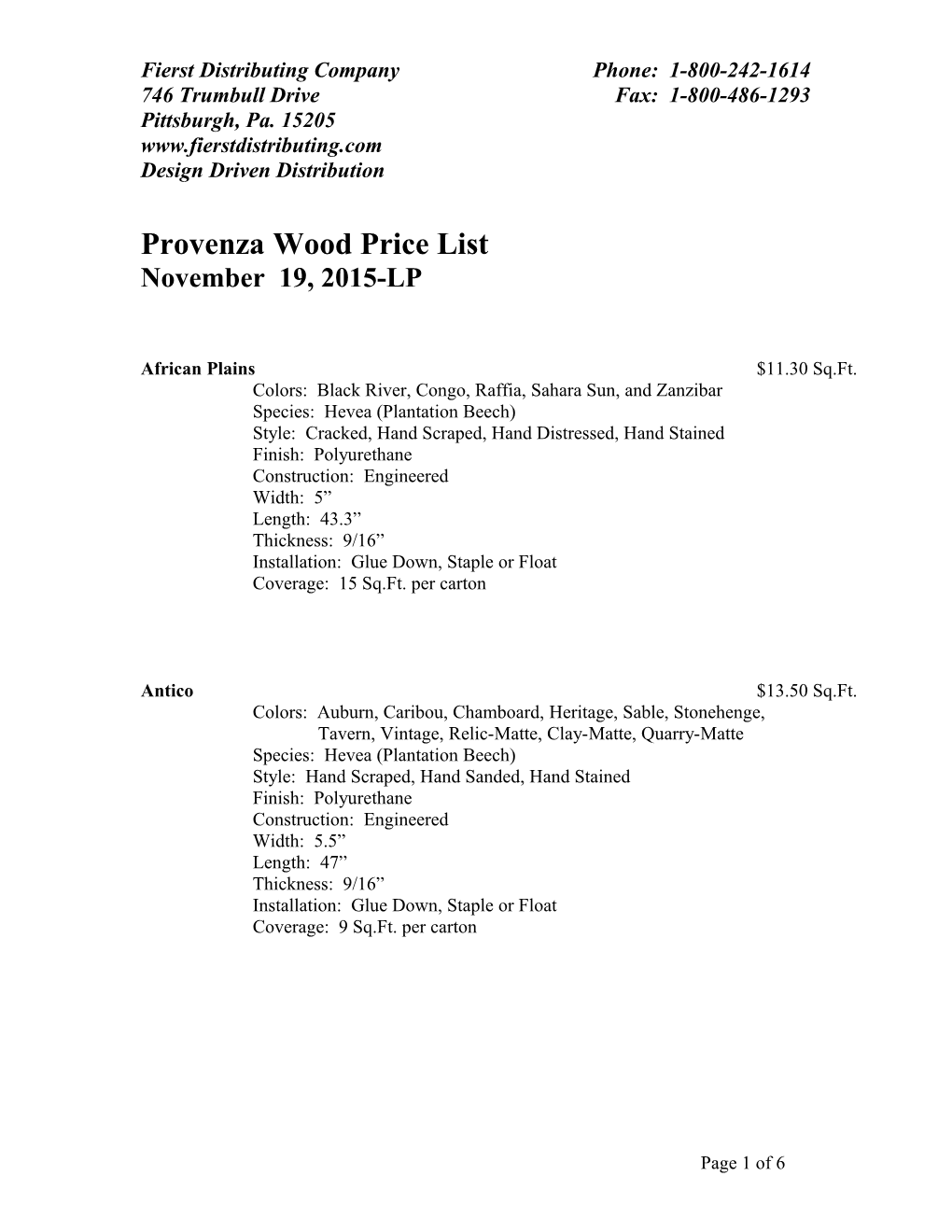 Provenza Price List