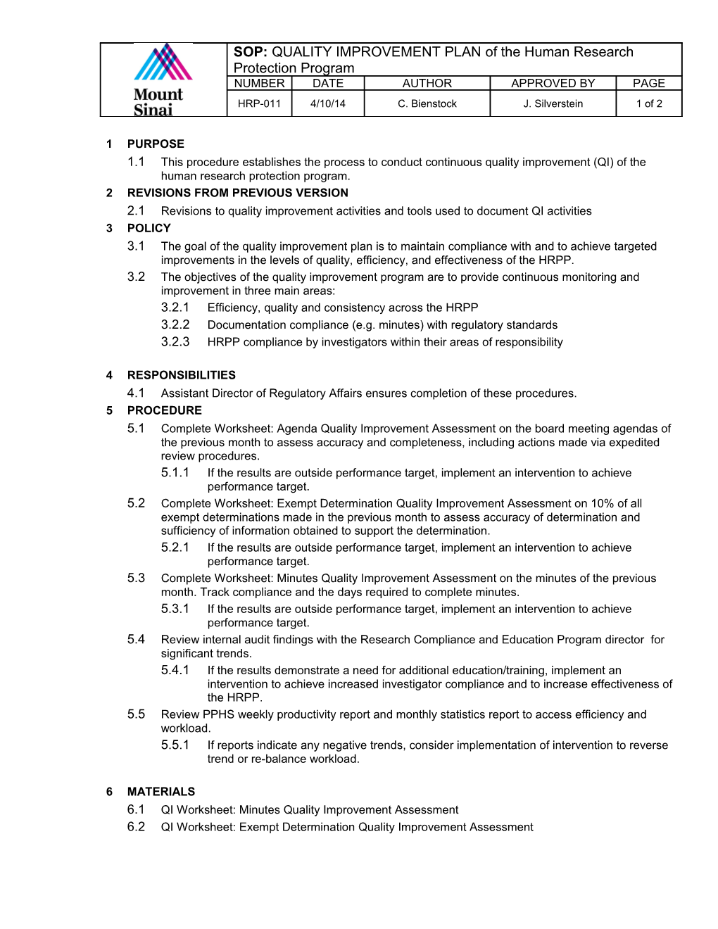 SOP: Monthly Evaluations of the Human Research Protection Program