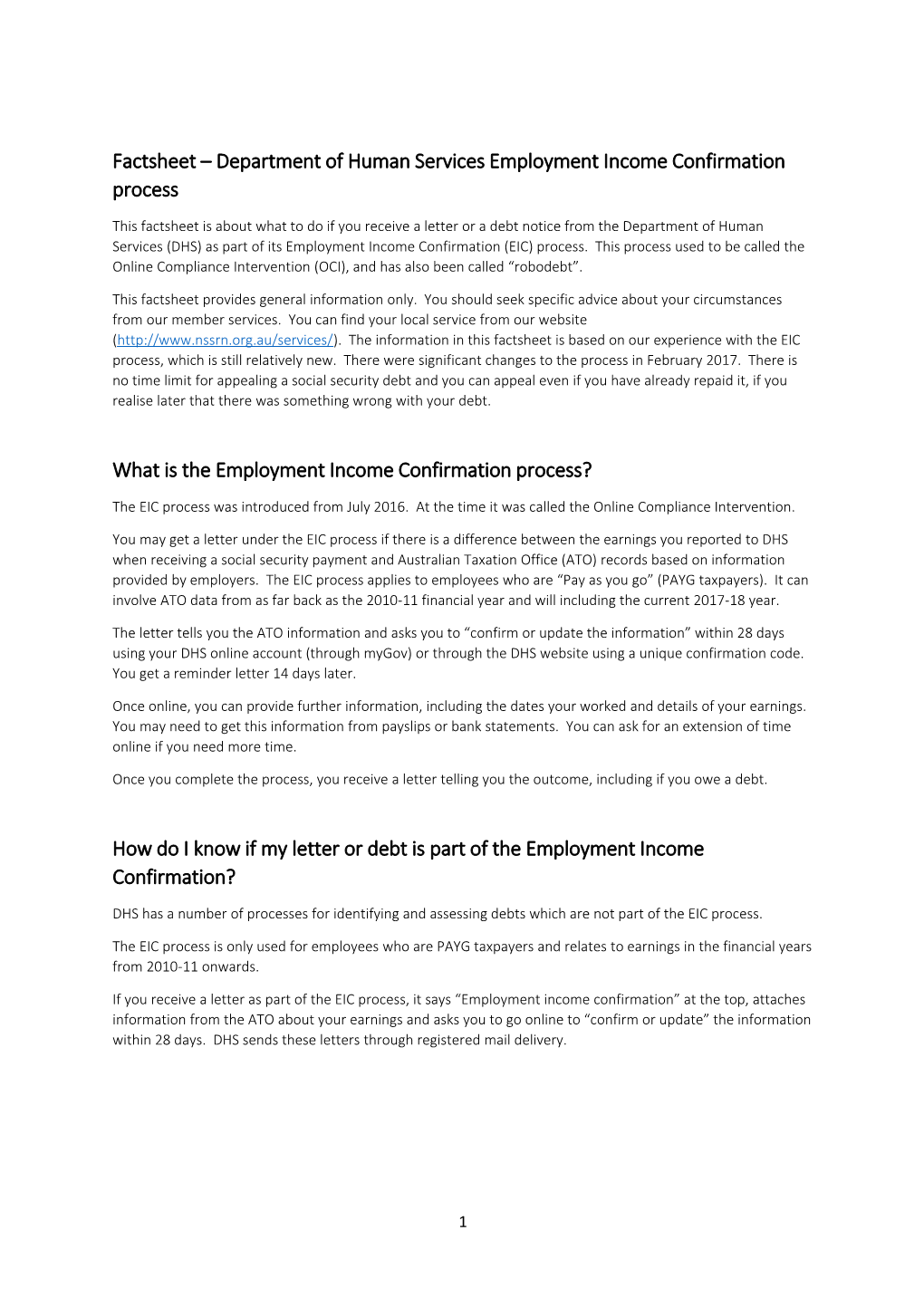 Factsheet Department of Human Services Employment Income Confirmation Process