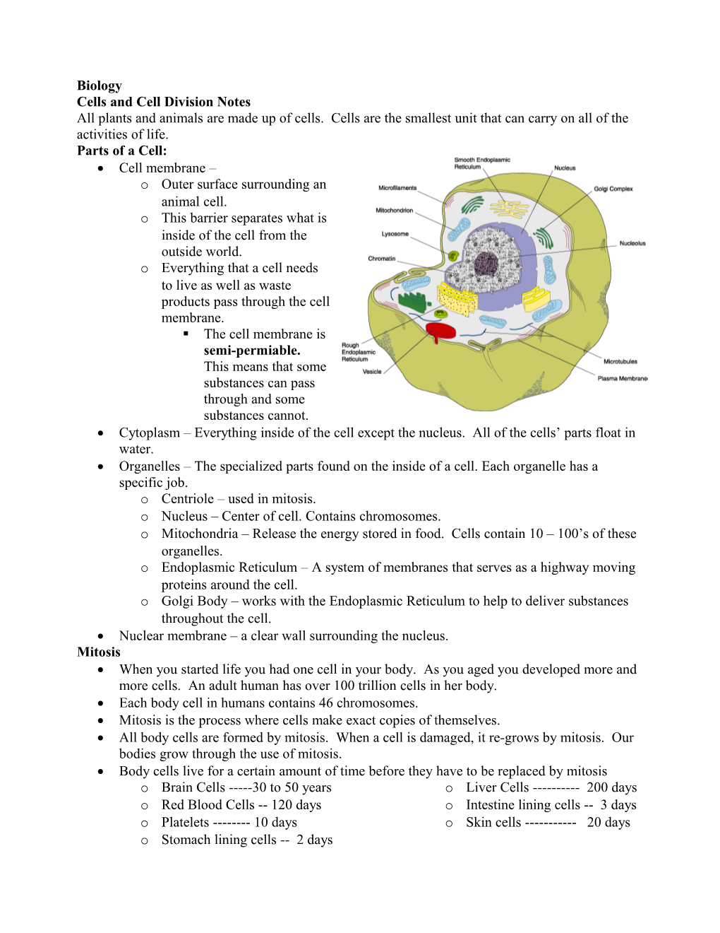 Cells and Cell Division Notes