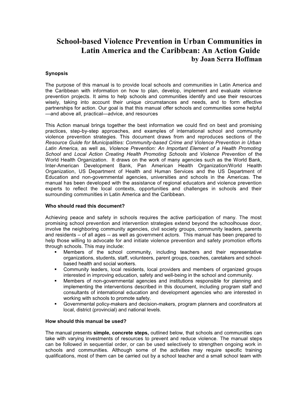 School-Based Violence Prevention in Urban Communities in Latin America and the Caribbean