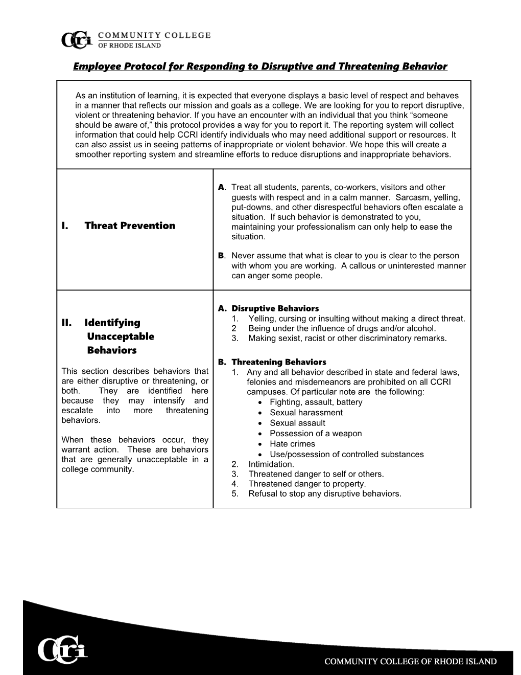 Employee Protocol for Responding to Disruptive and Threatening Behavior