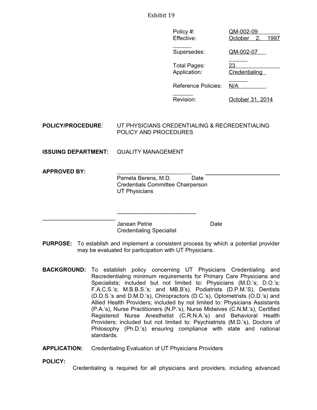 Policy QM-002F, Page 1