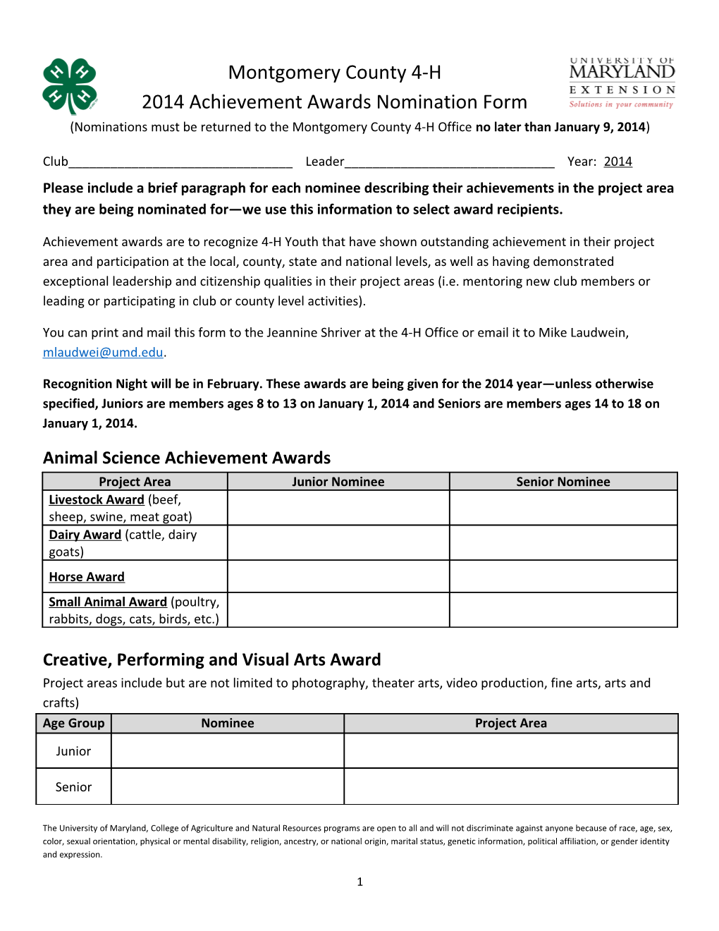 2014 Achievement Awards Nomination Form