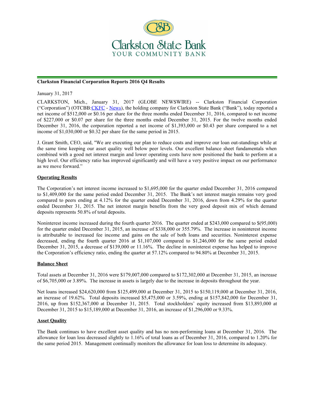 Clarkston Financial Corporation Reports 2016 Q4 Results