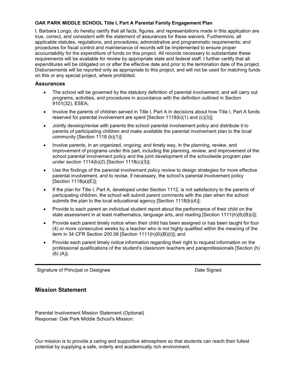 OAK PARK MIDDLE SCHOOL Title I, Part a Parental Family Engagement Plan