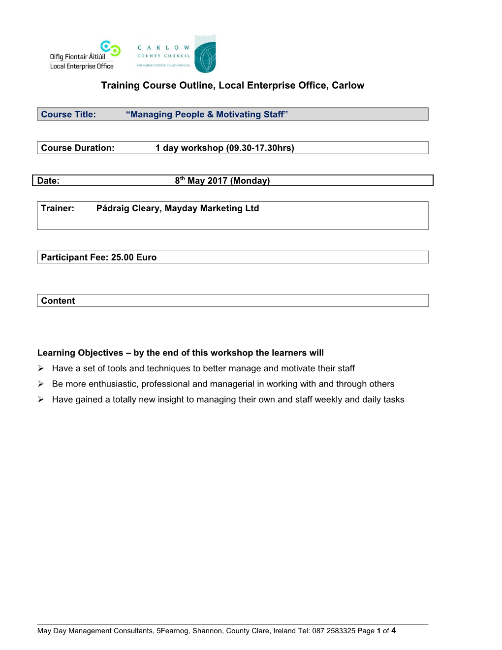 Training Course Outline, Local Enterprise Office, Carlow