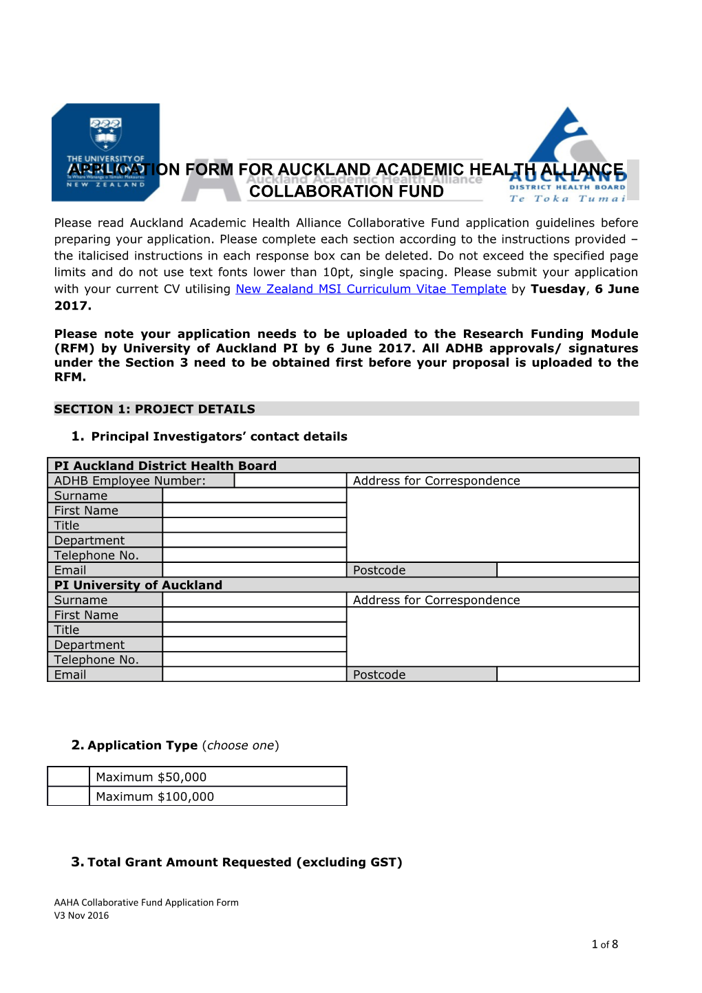 Application Form Forauckland Academic Health Alliance Collaboration Fund