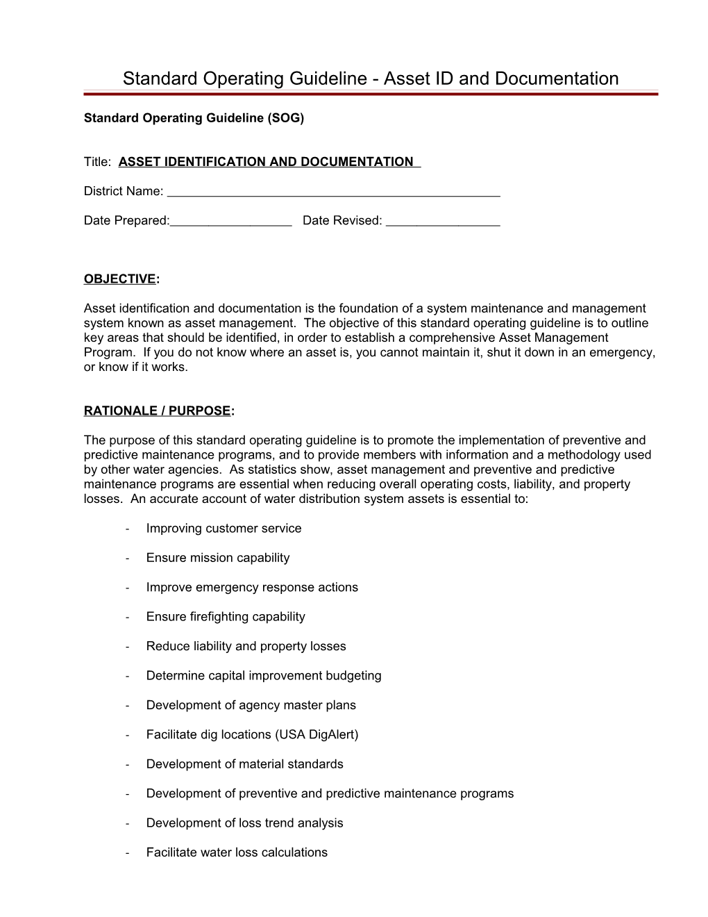 Standard Operating Guideline - Asset ID and Documentation