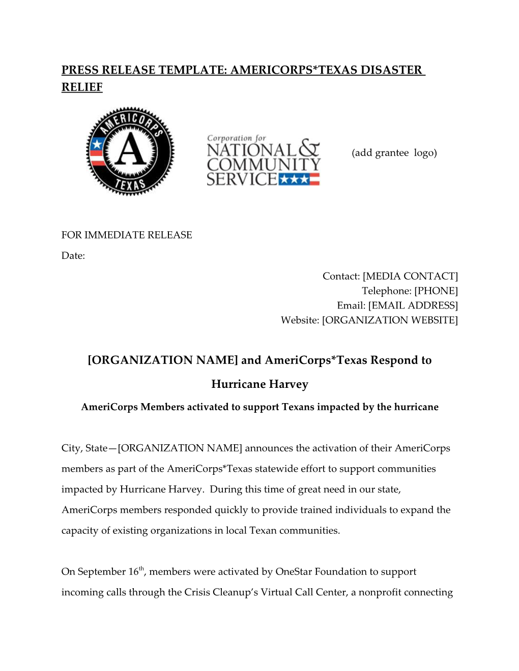 Press Release Template: Americorps*Texas Disaster Relief