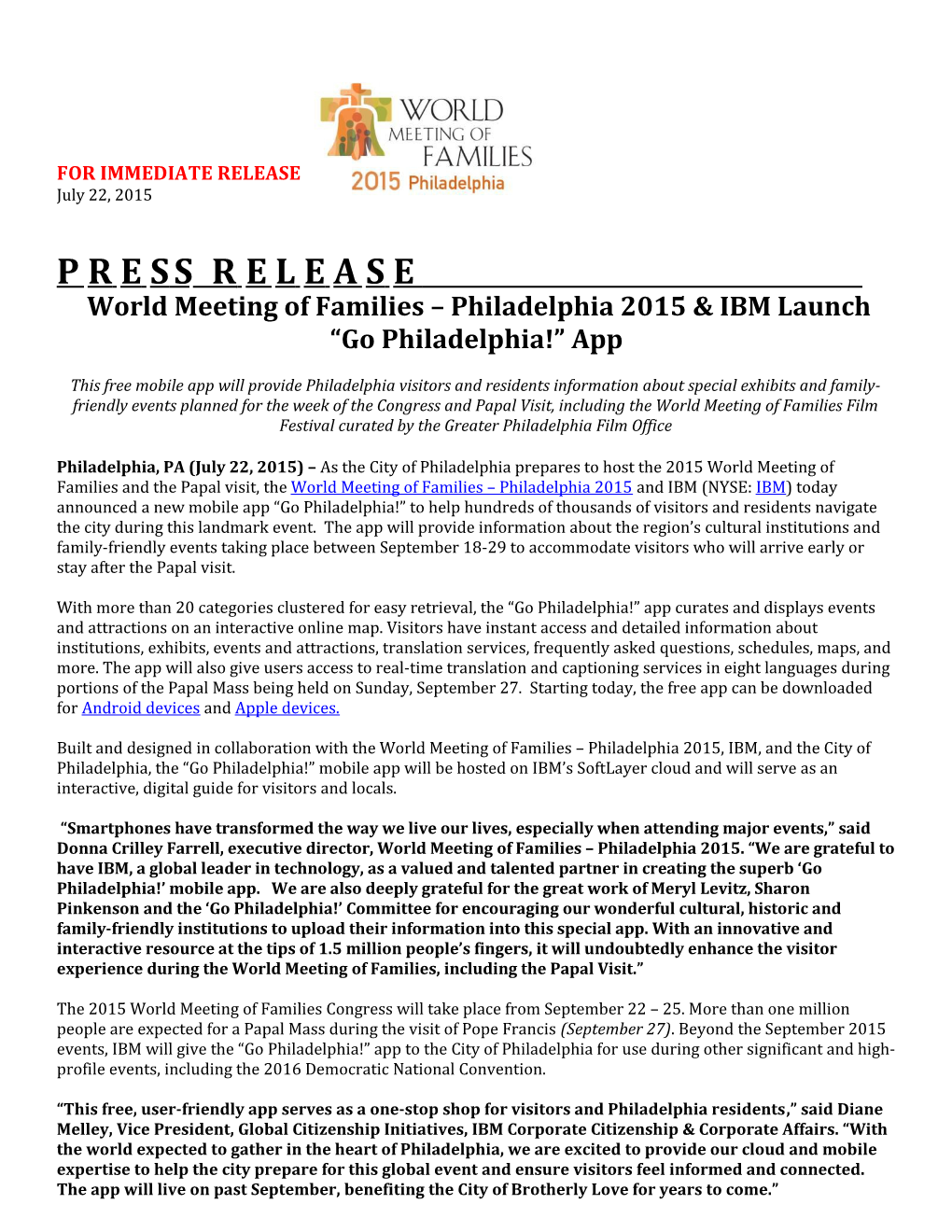 World Meeting of Families Philadelphia 2015 & IBM Launch Go Philadelphia! App