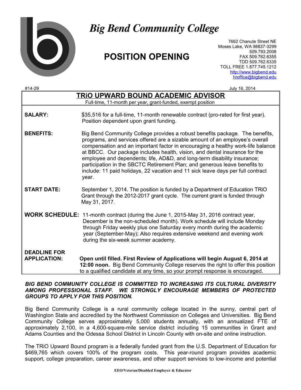 Trio UPWARD BOUND ACADEMIC ADVISOR