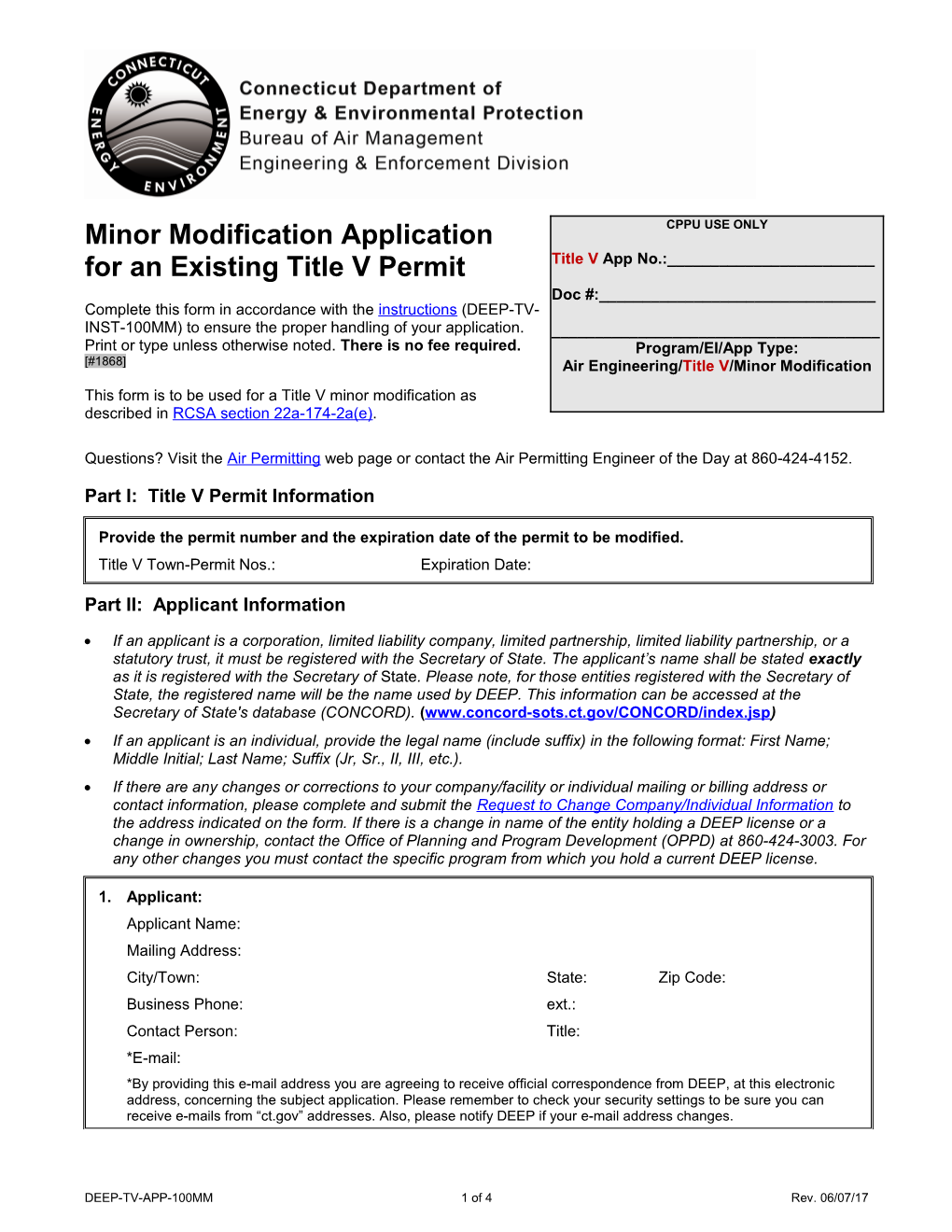 Minor Modification Application for an Existing Title V Permit