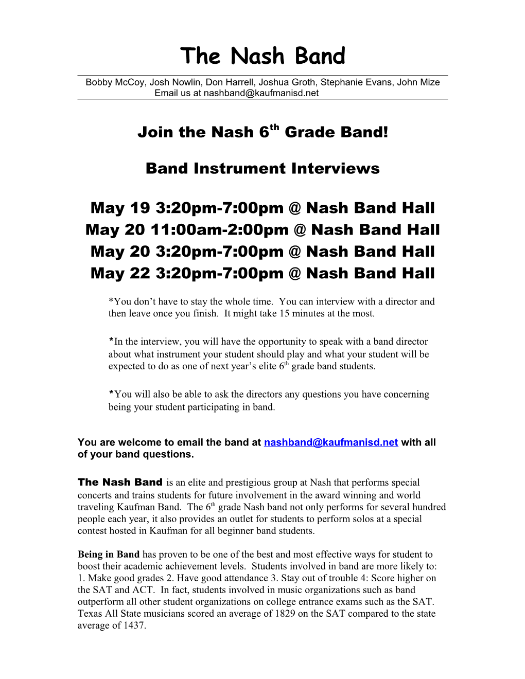 Nash Band Students and Parents