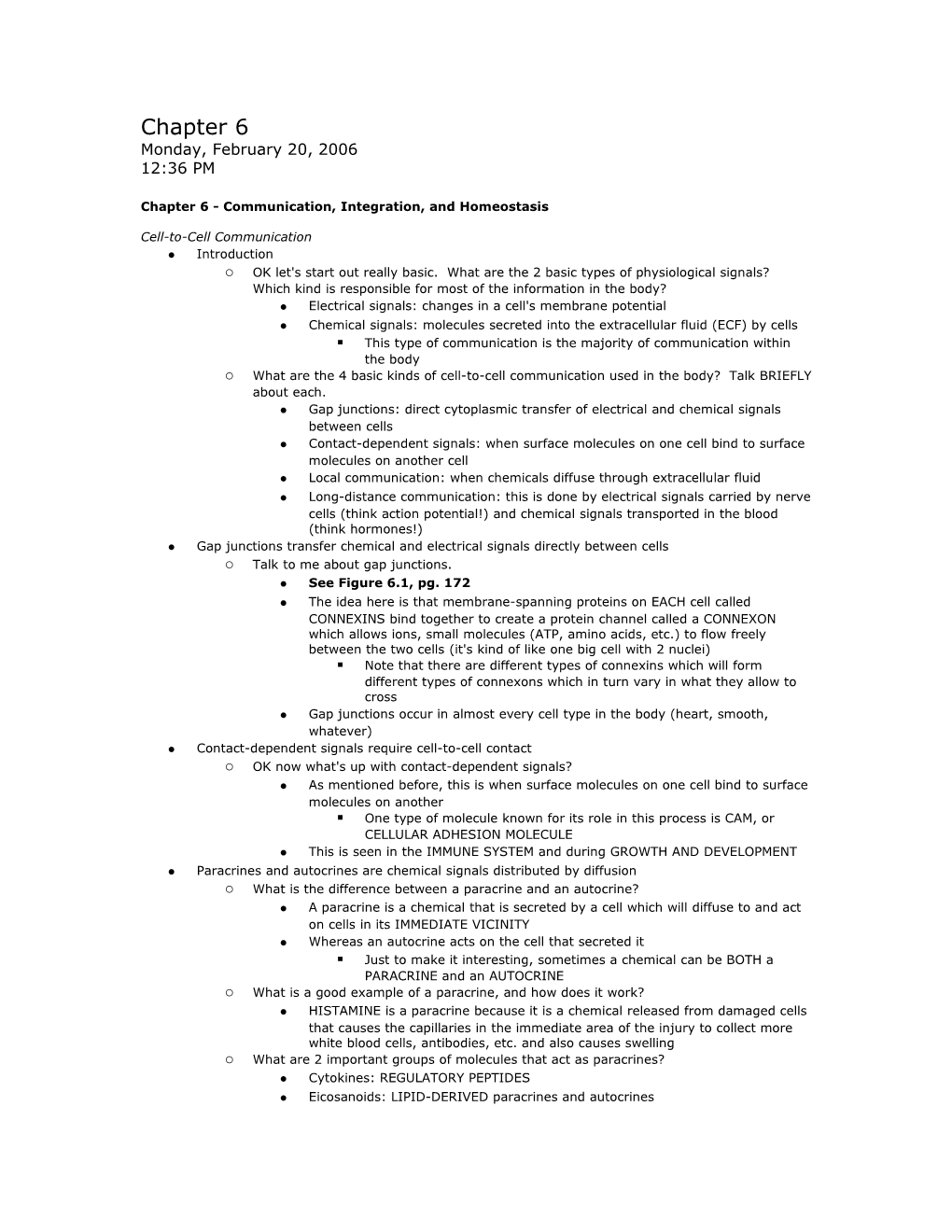 Chapter 6 - Communication, Integration, and Homeostasis