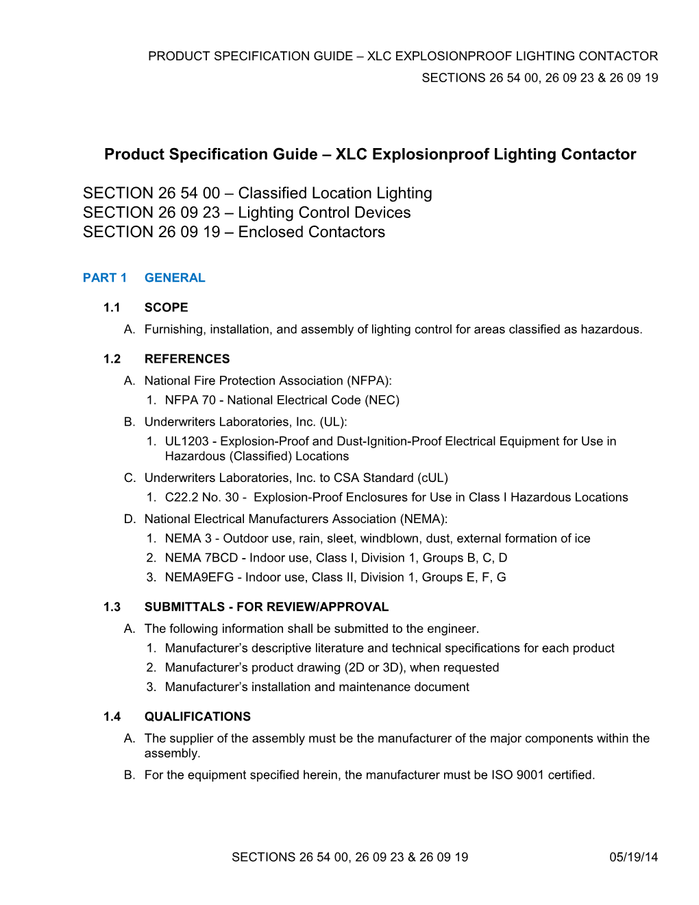 Product Specification Guide XLC Explosionproof Lighting Contactor