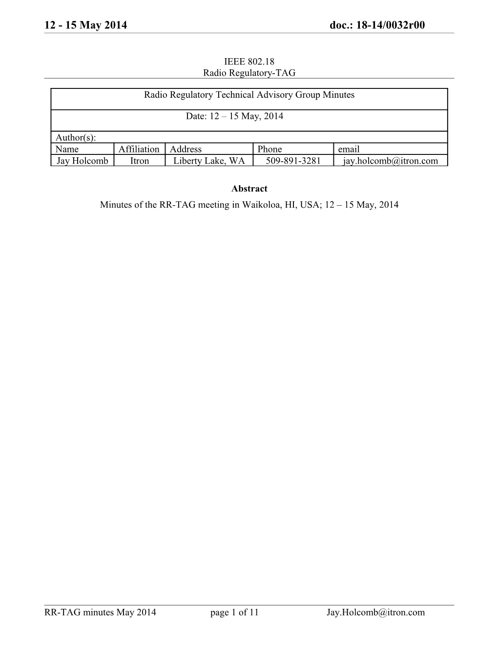 IEEE 802.18 Radio Regulatory-TAG