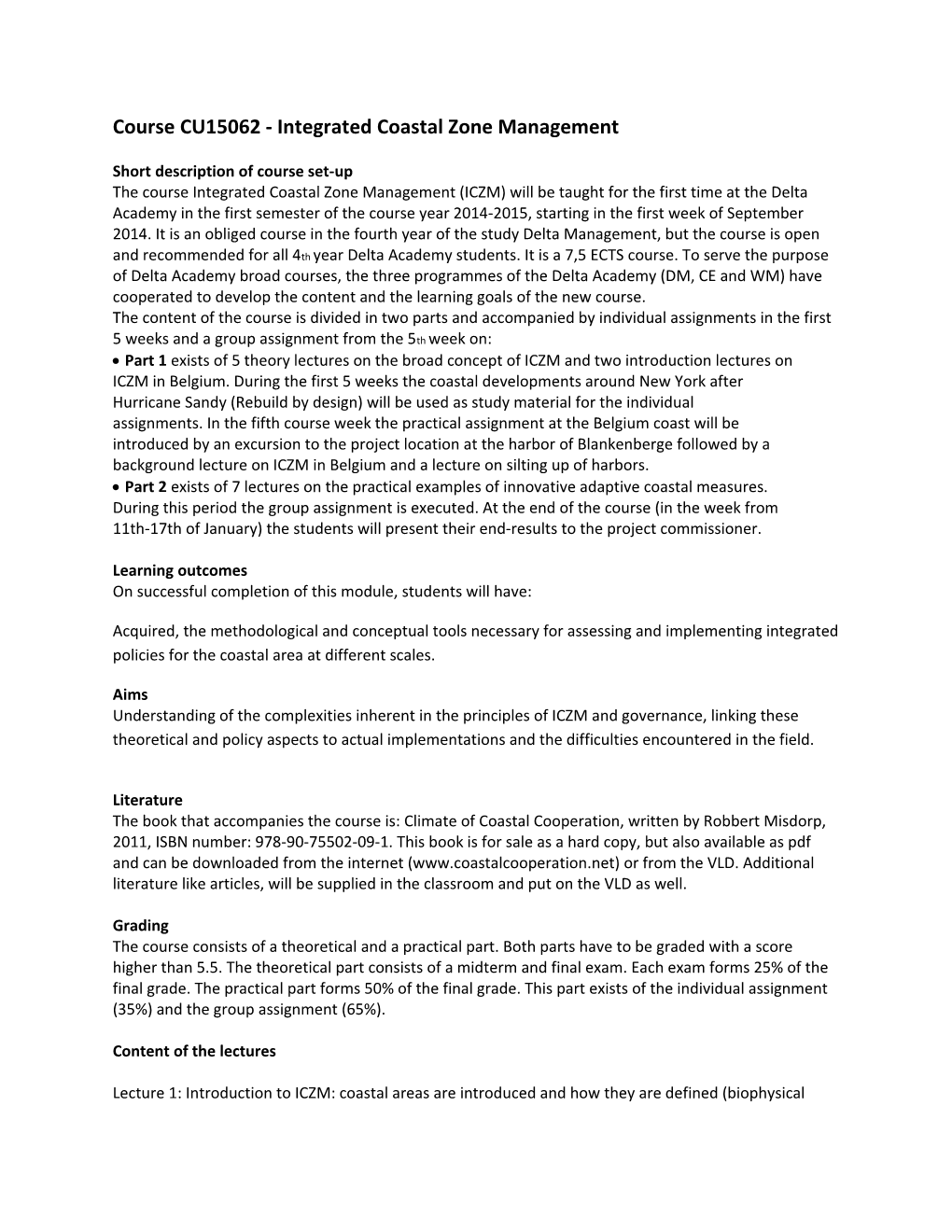 Course CU15062 - Integrated Coastal Zone Management