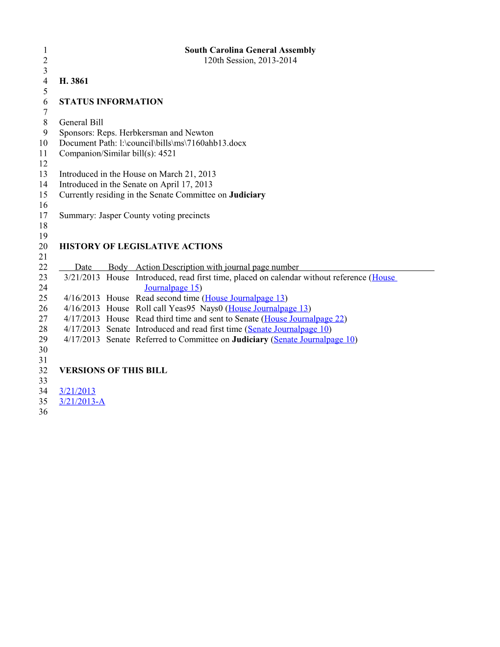 2013-2014 Bill 3861: Jasper County Voting Precincts - South Carolina Legislature Online