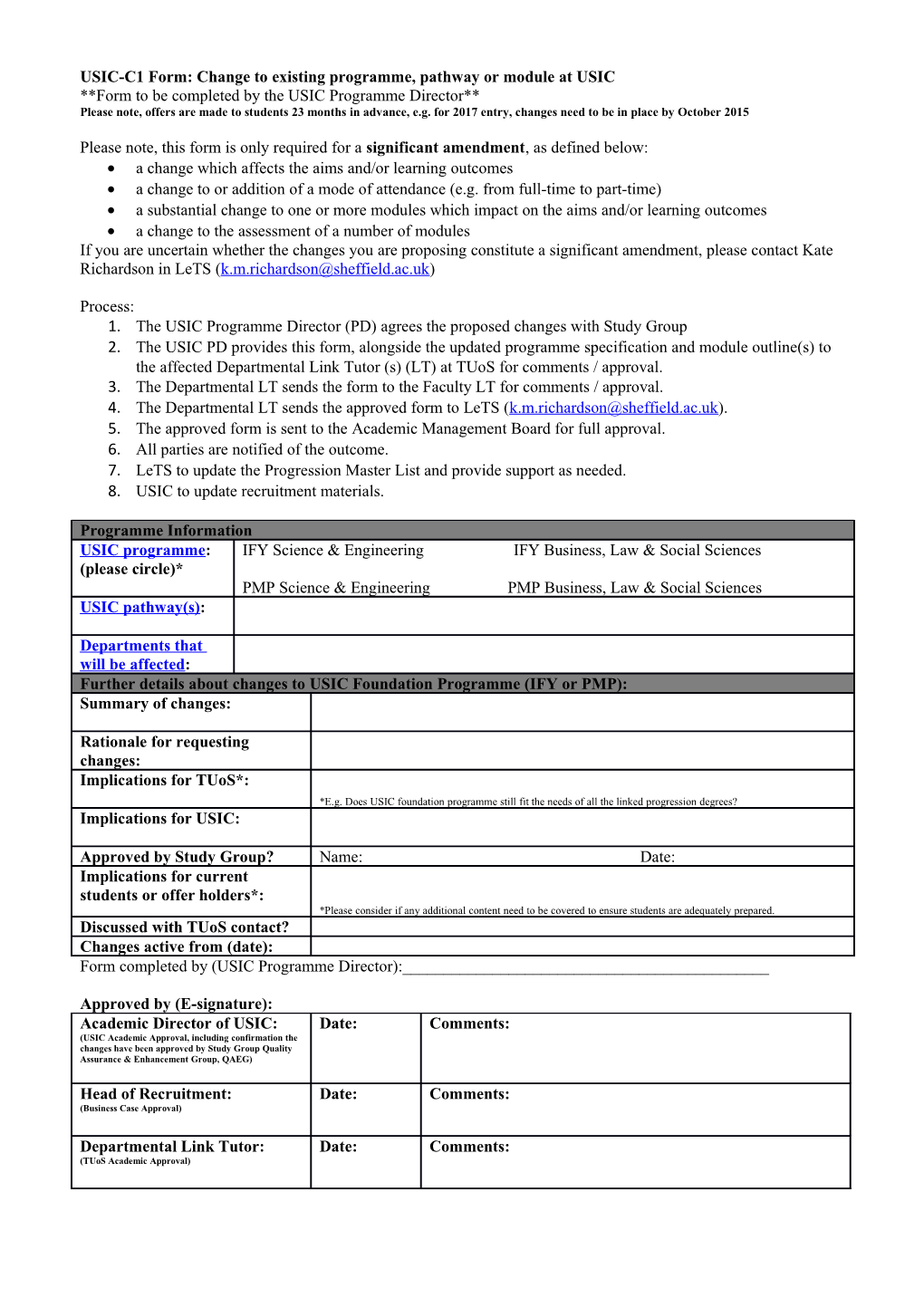 USIC-C1 Form: Change to Existing Programme, Pathway Or Module at USIC