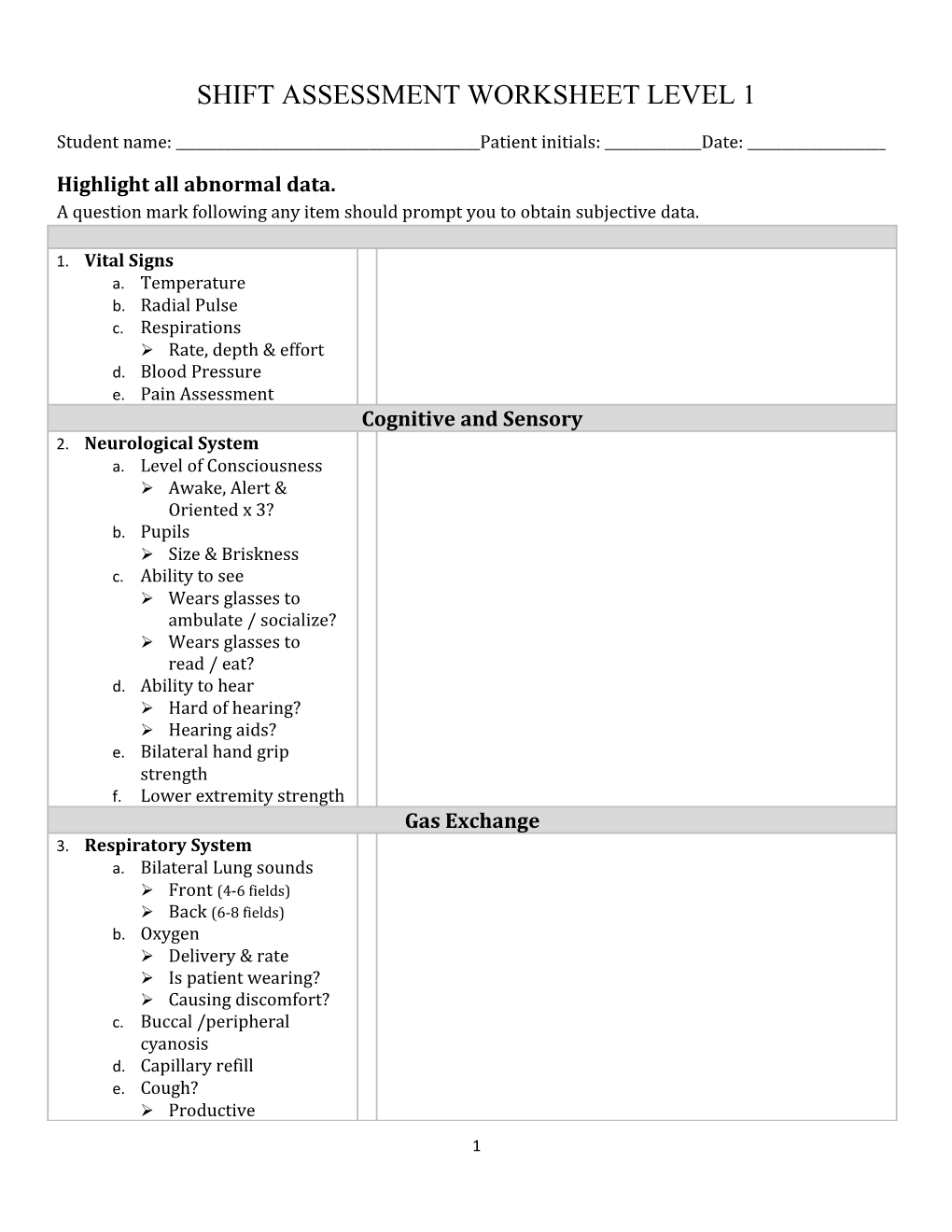 Shift Assessment Worksheet Level 1