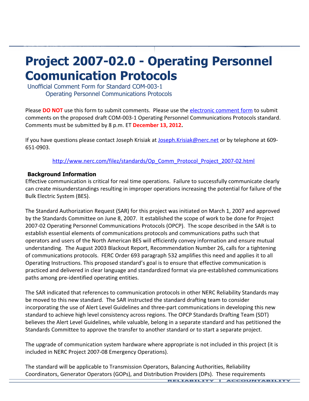 Project 2007-02.0 - Operating Personnel Coomunication Protocols